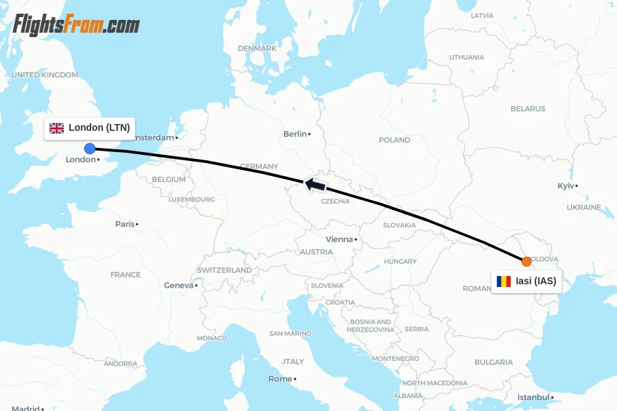 Flights from Iasi to London route map