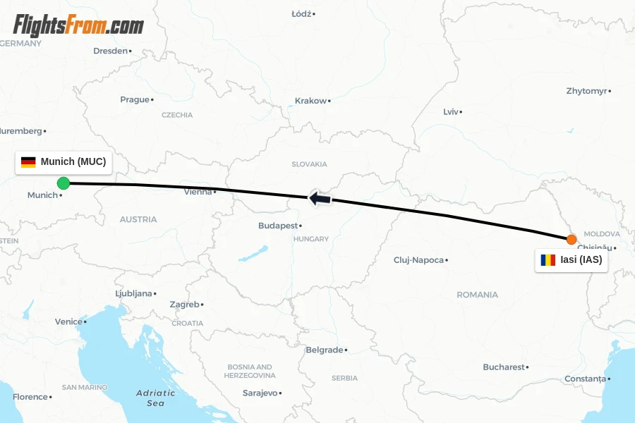 Flights from Iasi to Munich route map