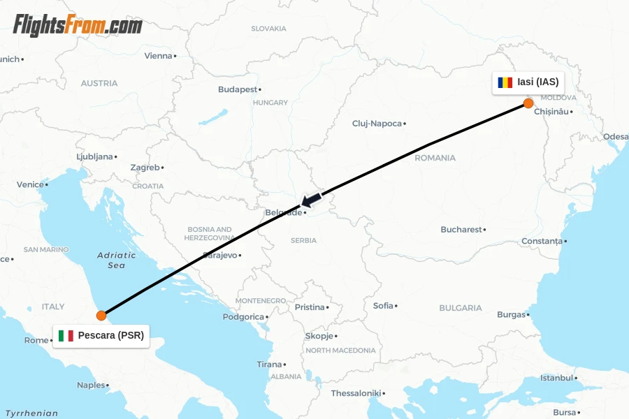 Flights from Iasi to Pescara route map