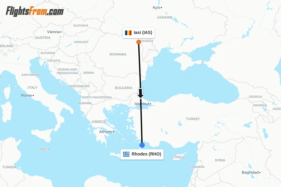 Flights from Iasi to Rhodes route map