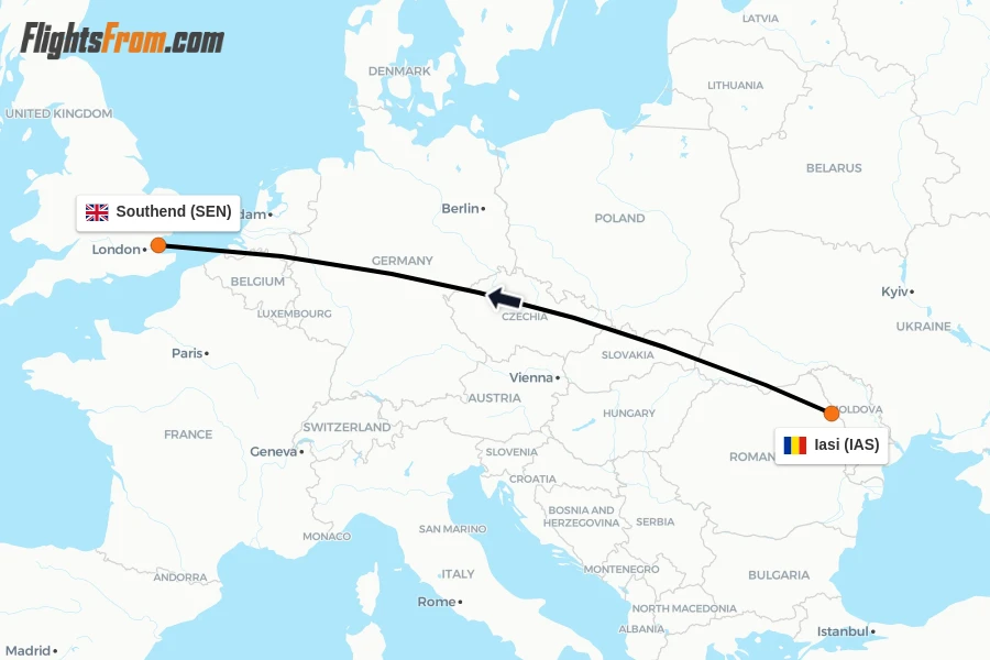 Flights from Iasi to Southend route map