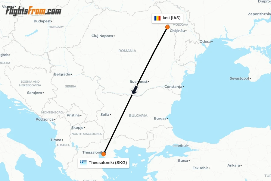 Flights from Iasi to Thessaloniki route map