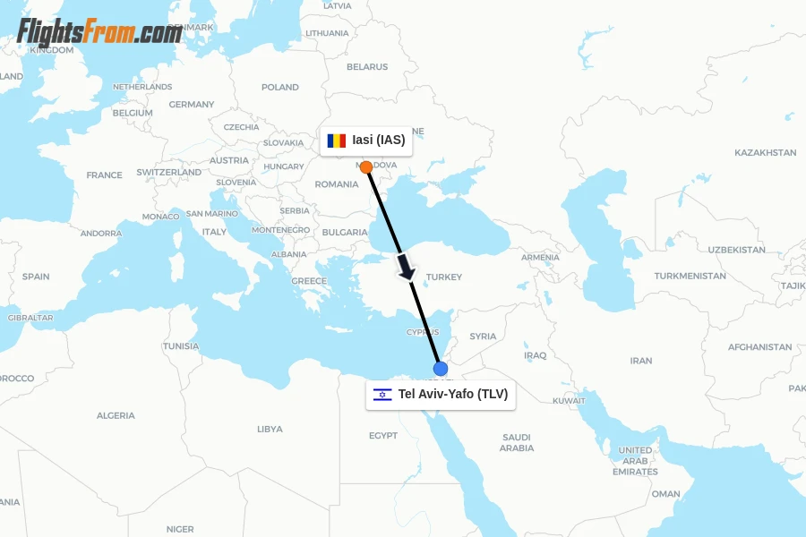 Flights from Iasi to Tel Aviv-Yafo route map