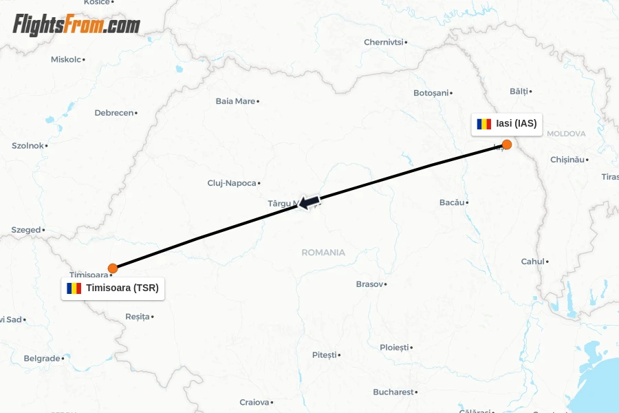 Flights from Iasi to Timisoara route map