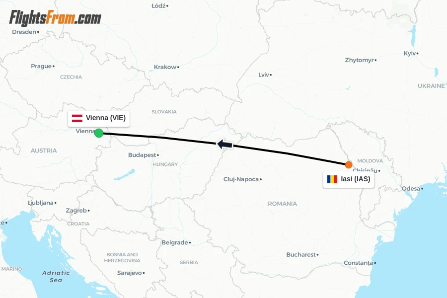 Flights from Iasi to Vienna route map