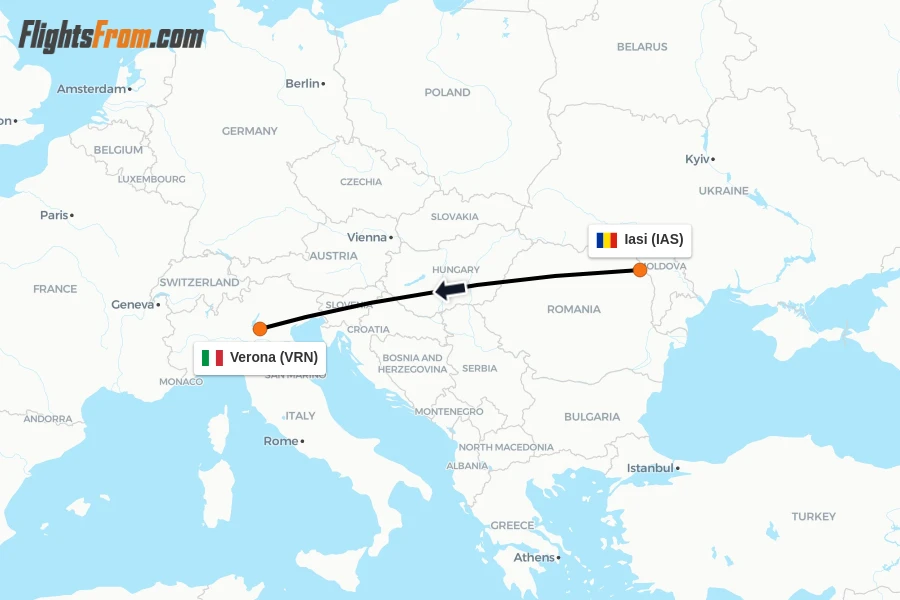 Flights from Iasi to Verona route map