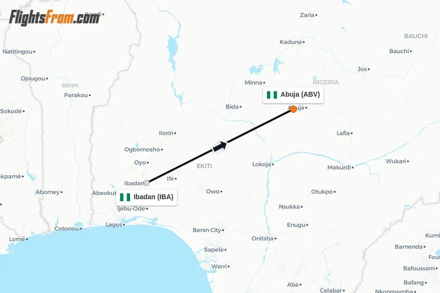 Flights from Ibadan to Abuja route map