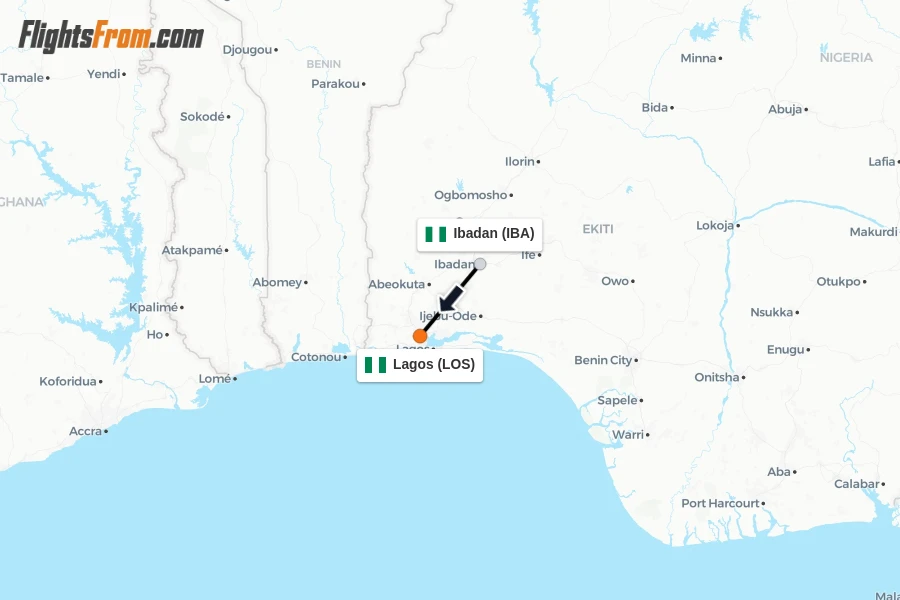 Flights from Ibadan to Lagos route map