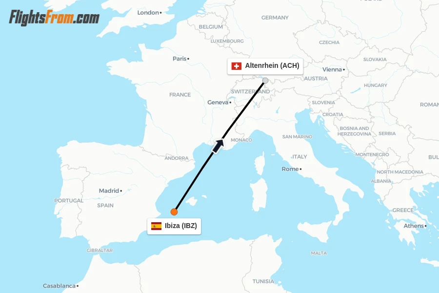 Flights from Ibiza to Altenrhein route map
