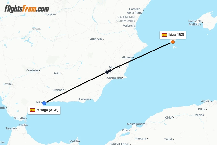 Flights from Ibiza to Malaga route map