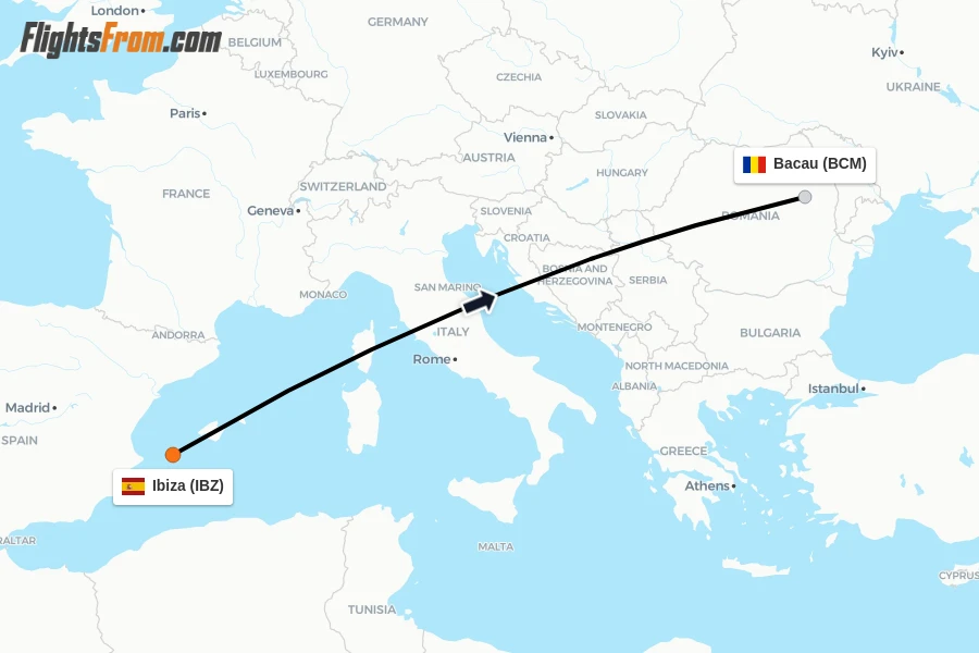 Flights from Ibiza to Bacau route map