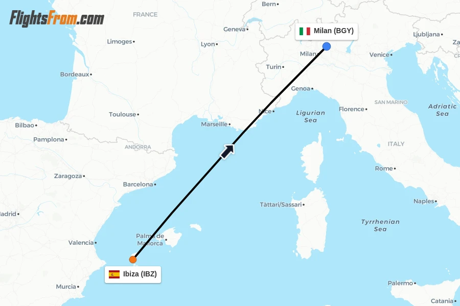 Flights from Ibiza to Milan route map
