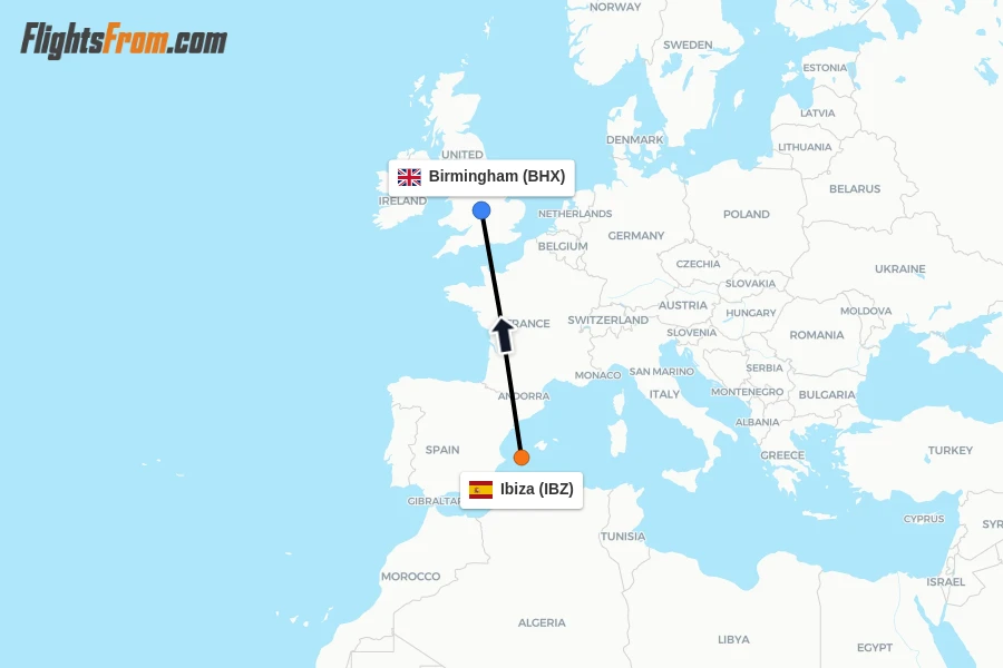 Flights from Ibiza to Birmingham route map