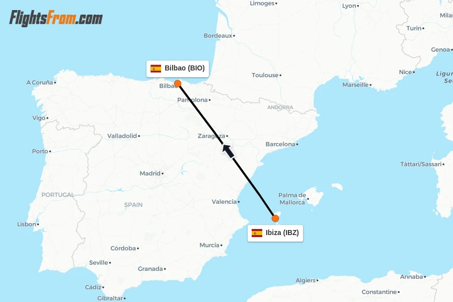 Flights from Ibiza to Bilbao route map