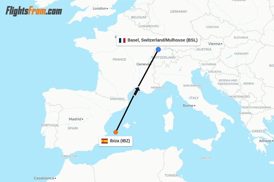 Flights from Ibiza to Basel, Switzerland/Mulhouse route map