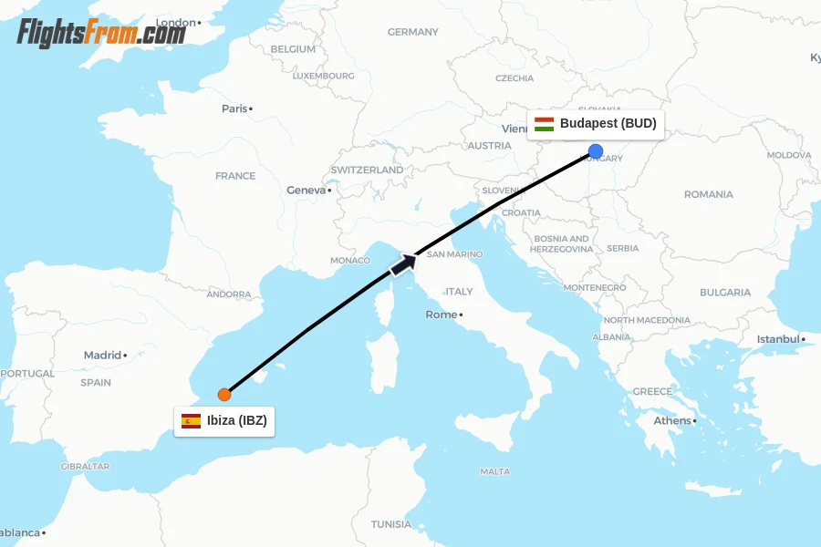 Flights from Ibiza to Budapest route map