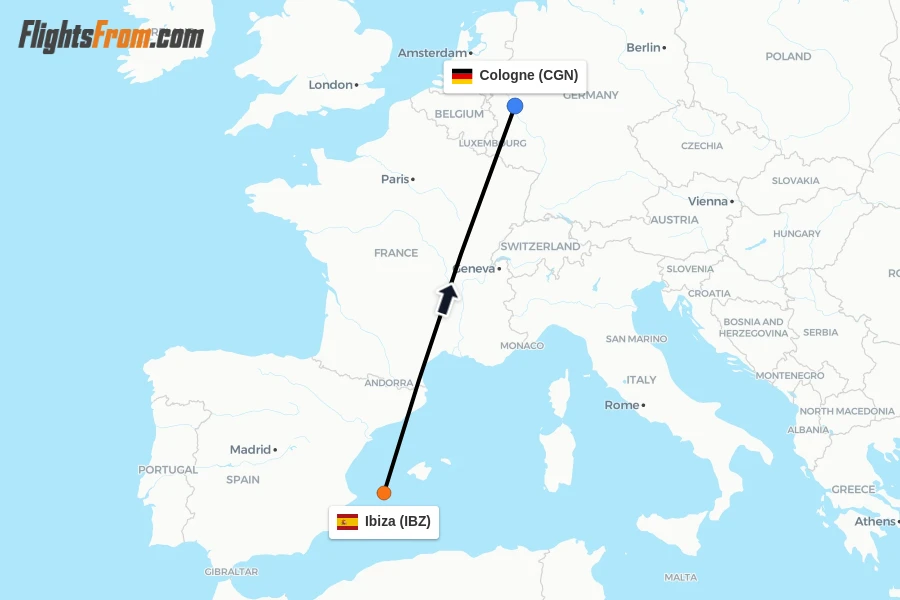 Flights from Ibiza to Cologne route map