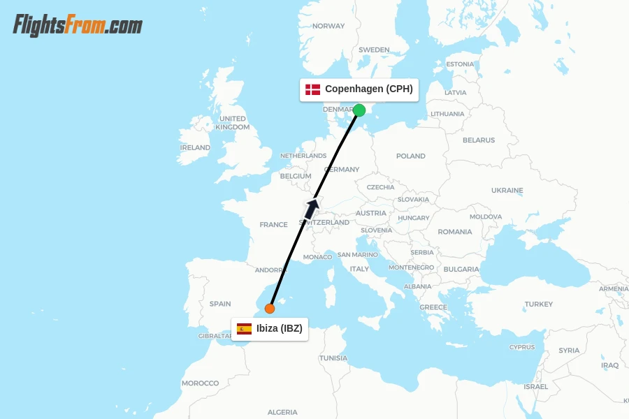 Flights from Ibiza to Copenhagen route map