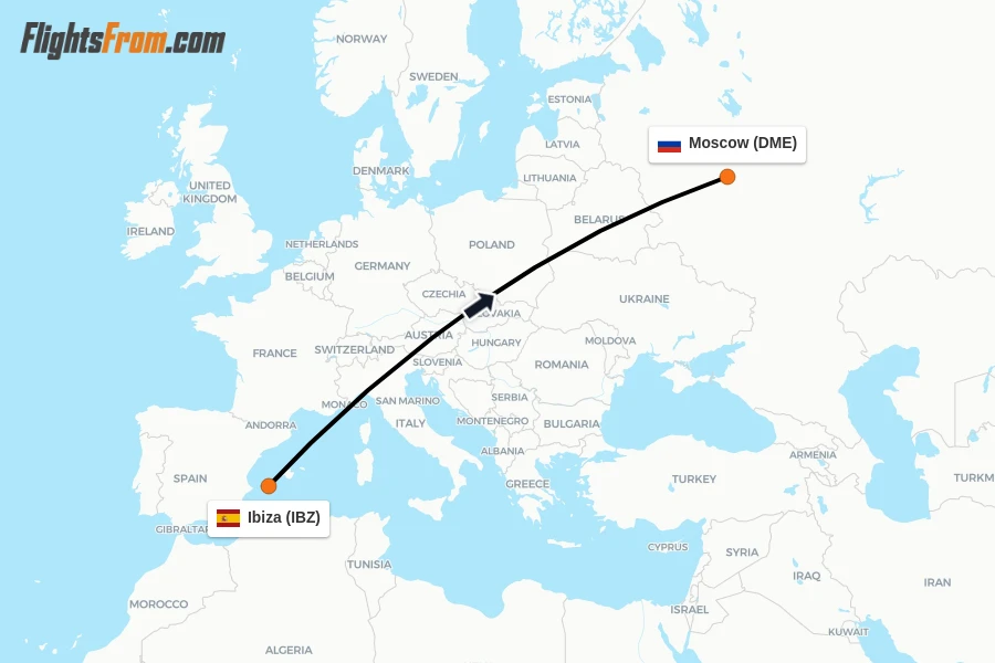 Flights from Ibiza to Moscow route map