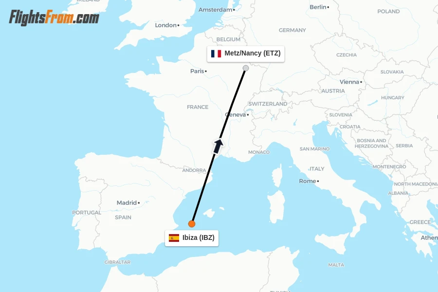 Flights from Ibiza to Metz/Nancy route map