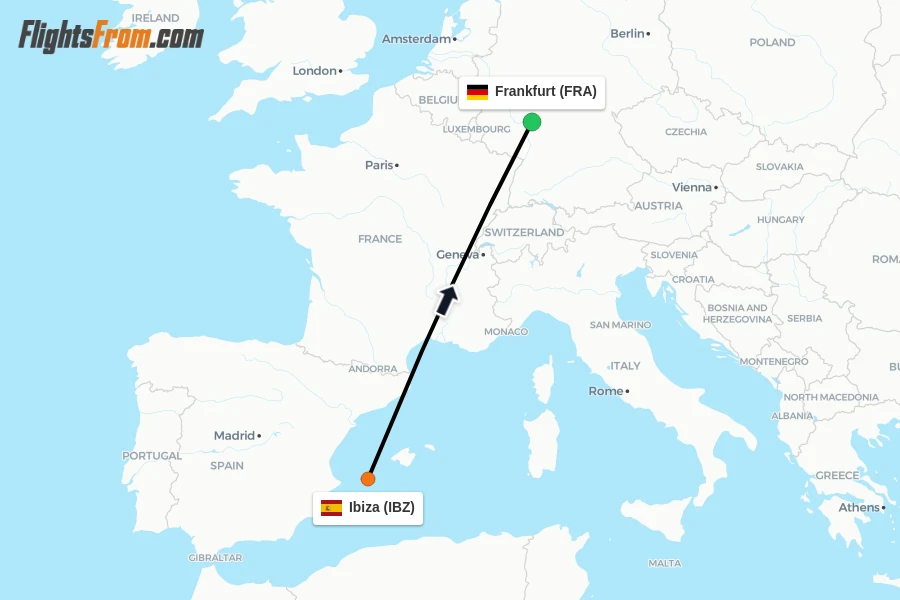 Flights from Ibiza to Frankfurt route map