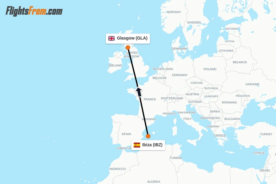 Flights from Ibiza to Glasgow route map