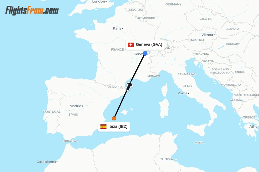 Flights from Ibiza to Geneva route map
