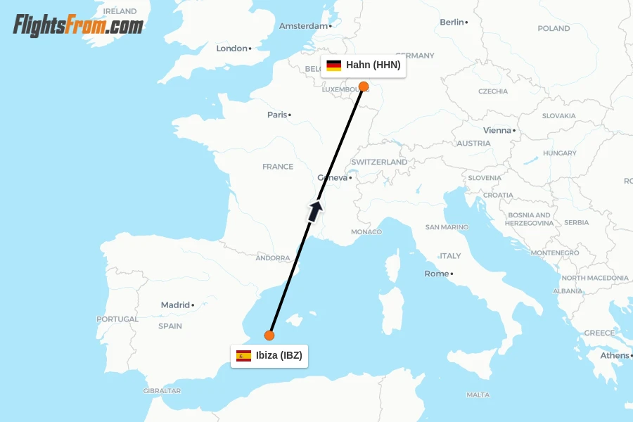 Flights from Ibiza to Hahn route map