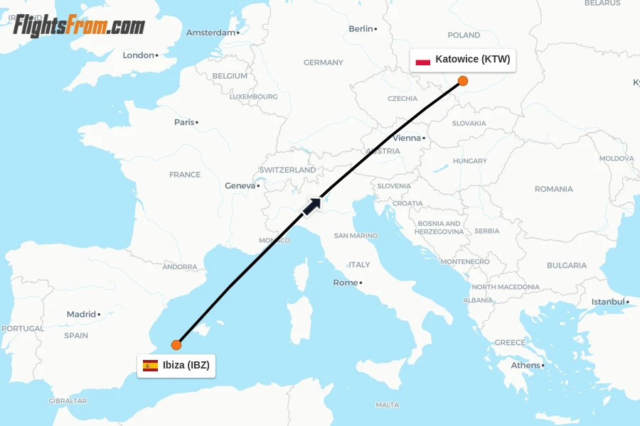 Flights from Ibiza to Katowice route map