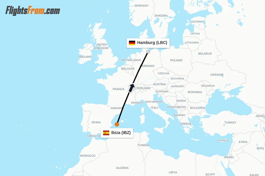 Flights from Ibiza to Hamburg route map