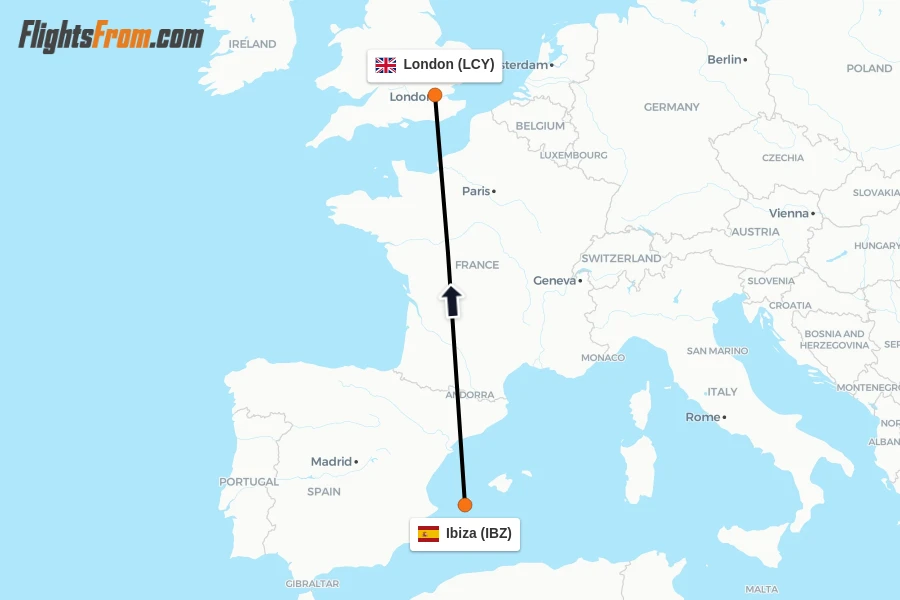 Flights from Ibiza to London route map
