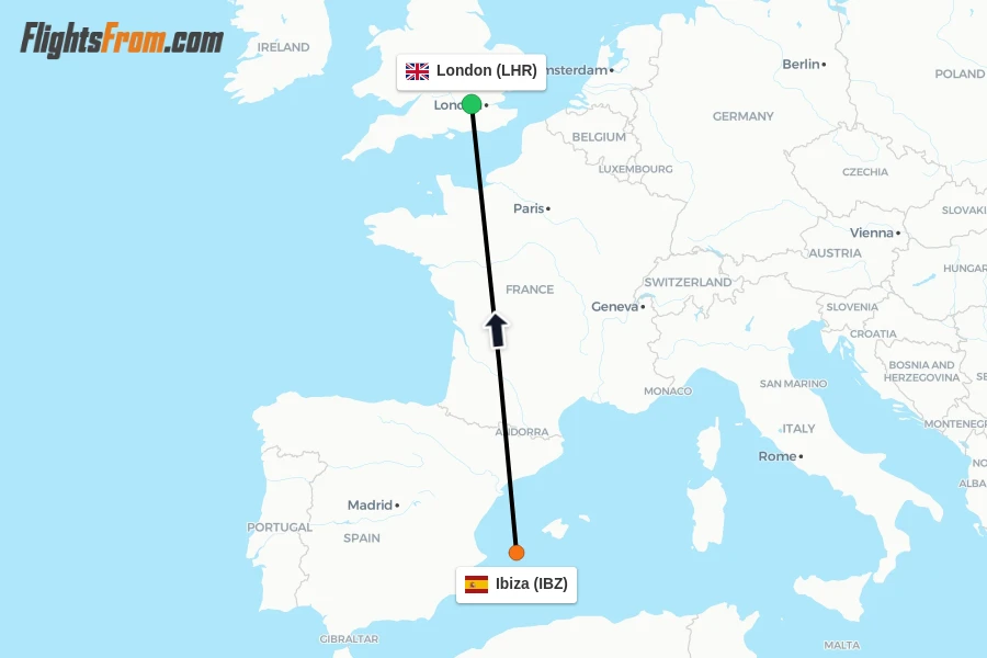 Flights from Ibiza to London route map