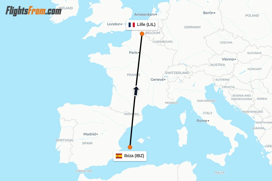 Flights from Ibiza to Lille route map