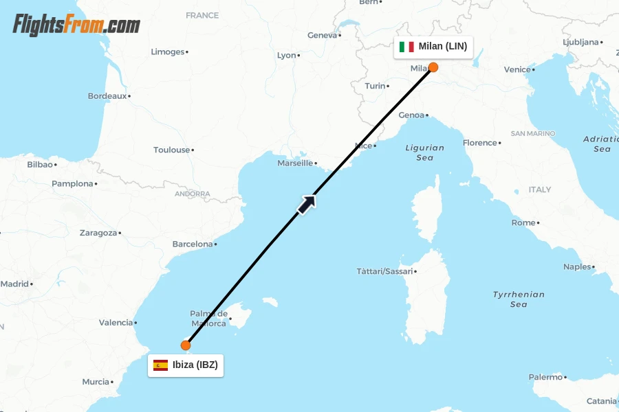 Flights from Ibiza to Milan route map