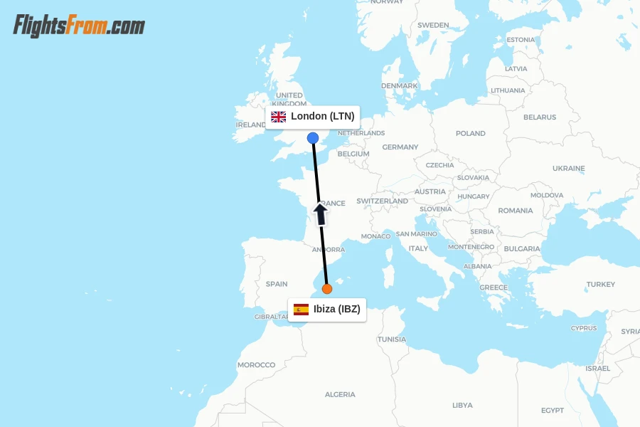 Flights from Ibiza to London route map
