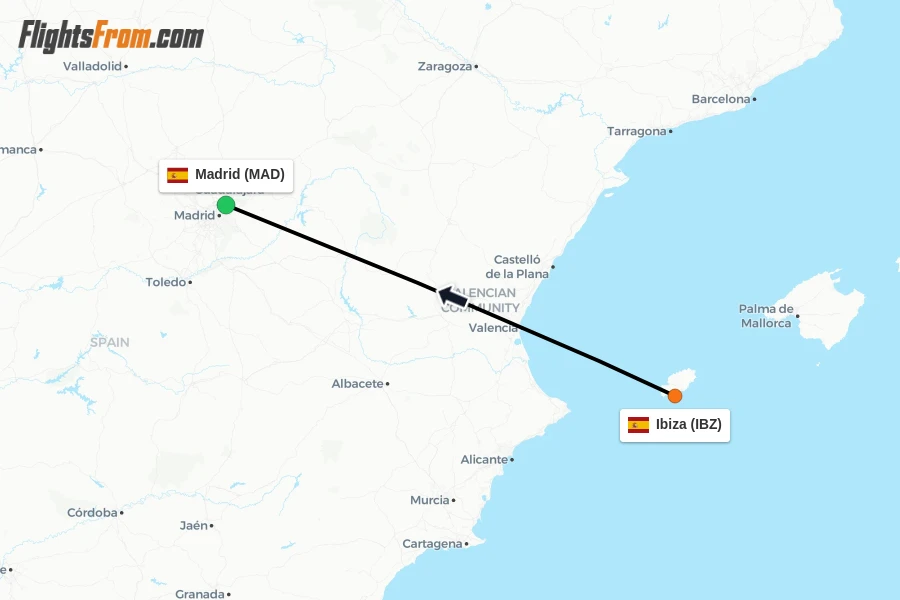 Flights from Ibiza to Madrid route map