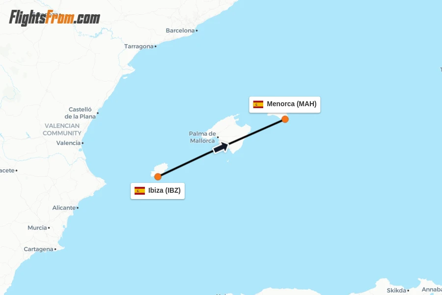 Flights from Ibiza to Menorca route map