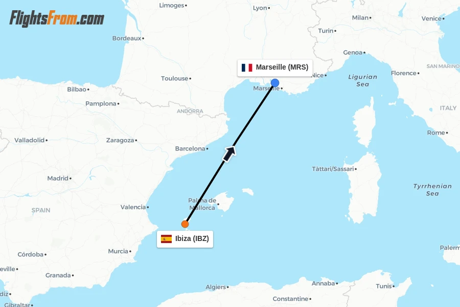 Flights from Ibiza to Marseille route map