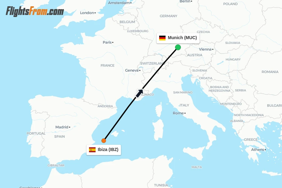 Flights from Ibiza to Munich route map