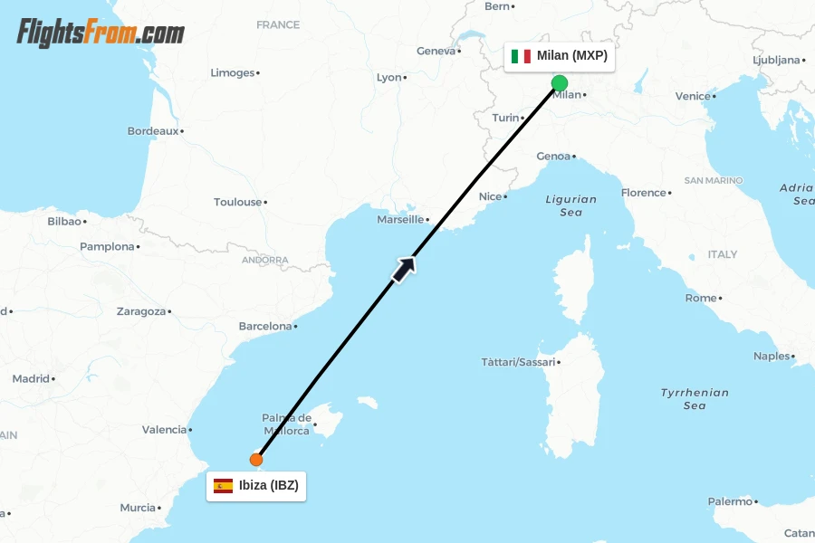 Flights from Ibiza to Milan route map