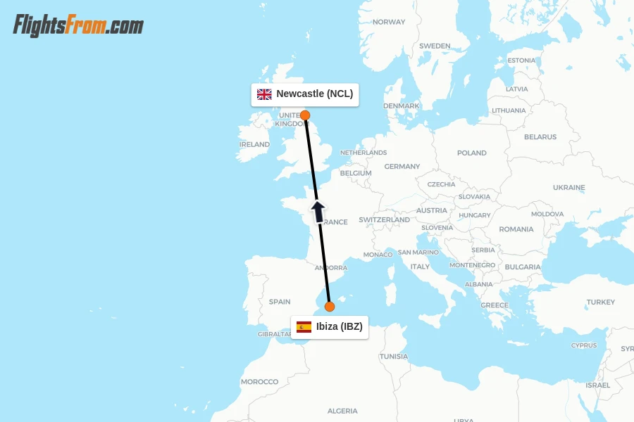 Flights from Ibiza to Newcastle route map