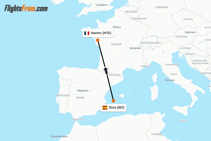 Flights from Ibiza to Nantes route map