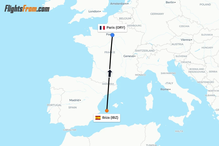 Flights from Ibiza to Paris route map