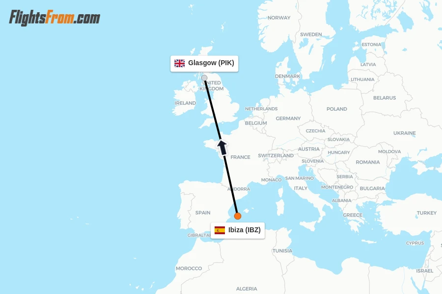 Flights from Ibiza to Glasgow route map