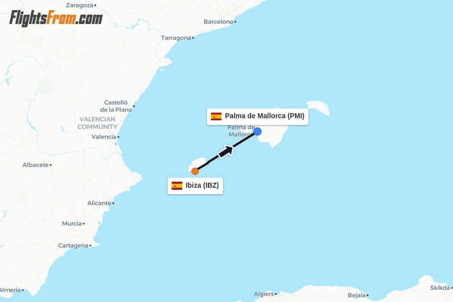 Flights from Ibiza to Palma de Mallorca route map