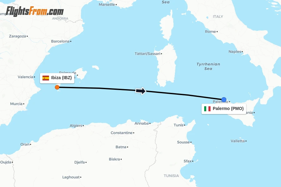 Flights from Ibiza to Palermo route map