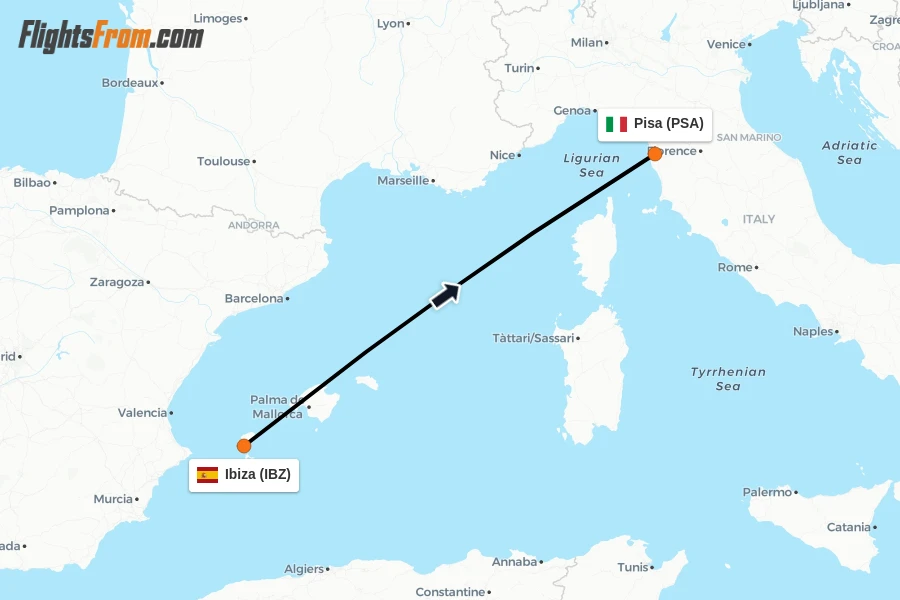 Flights from Ibiza to Pisa route map