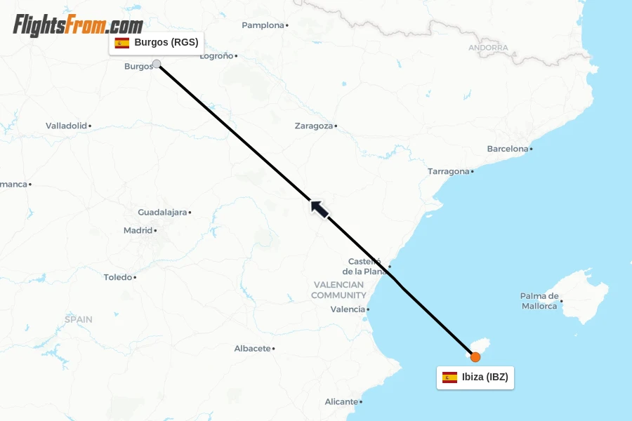 Flights from Ibiza to Burgos route map