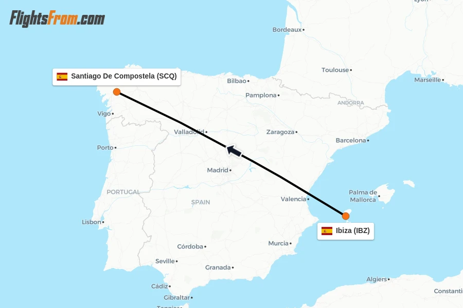 Flights from Ibiza to Santiago De Compostela route map