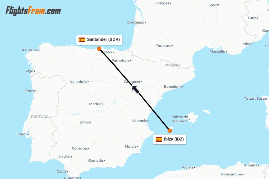 Flights from Ibiza to Santander route map